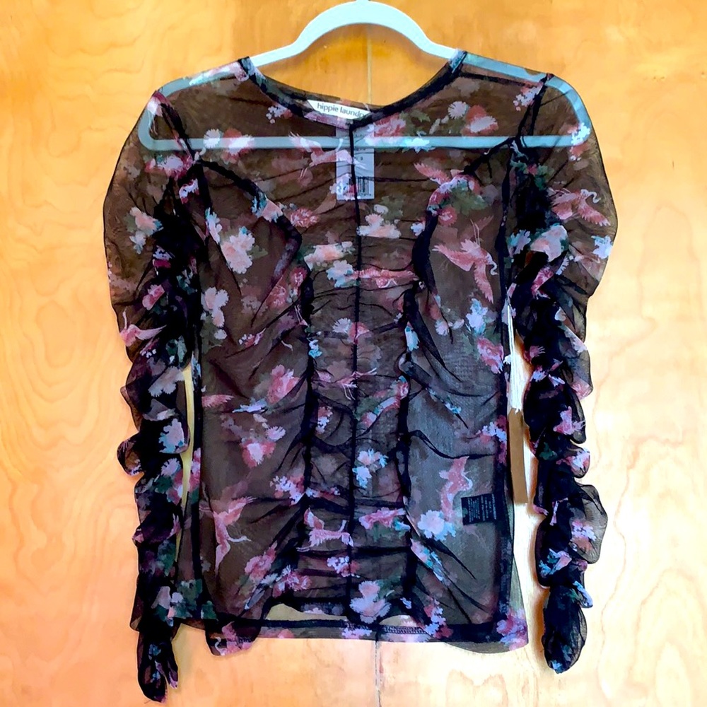 Cute Sheer Mesh Floral Top with Ruching NWT Size S